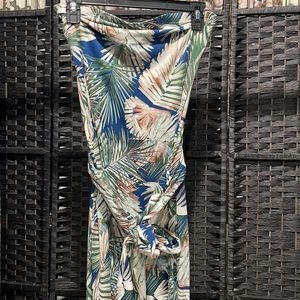 Women’s strapless tube top Mid length dress palm leaf tie waist pencil dress